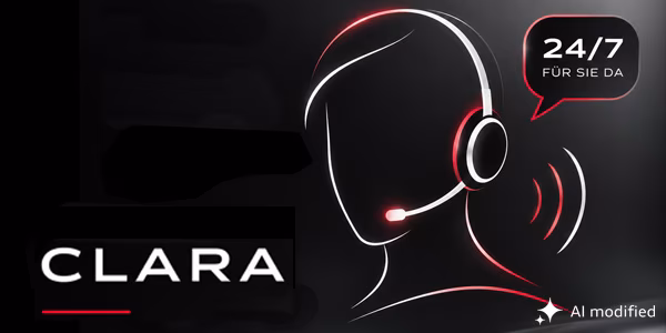 Silhuette einer Frau mit Headset und Schriftzug Clara - AI modified
Unsere KI Assistentin Clara